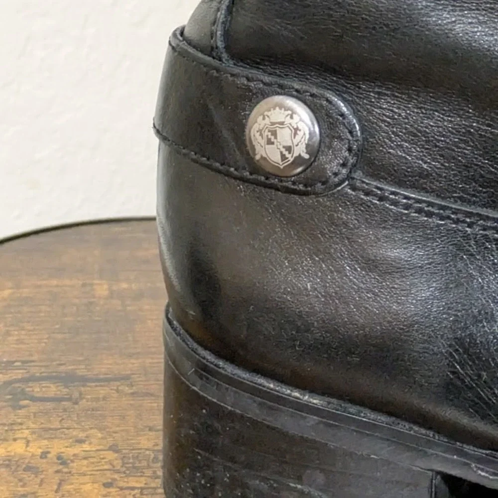Franco Sarto Tall‎ Riding Boots Black Brown Leather Crest Detail Women US 8